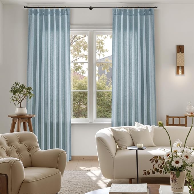 Guken Light Blue Pinch Pleated Linen Curtains 102 Inches Long 2 Panels for Living Room Bedroom Farmhouse Modern Back Tab Privacy Light Filtering Semi Sheer Pinch Pleat Drapes with Hooks Rings 40x102