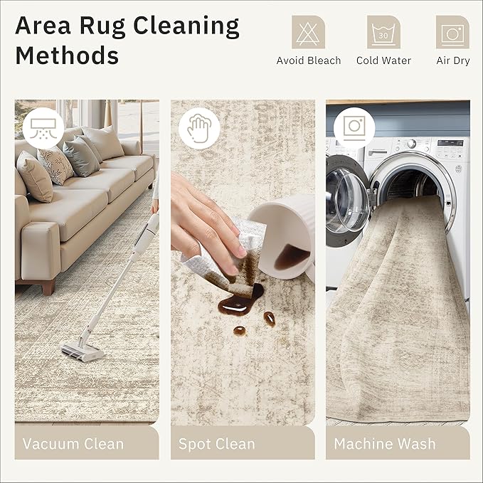 Soalmost Washable Area Rug 8x12, Large Soft Rugs for Living Room Vintage Beige Carpet 8x12 Area Rugs for Bedroom Dining Room Non-Slip Stain Resistant Under Table Rug