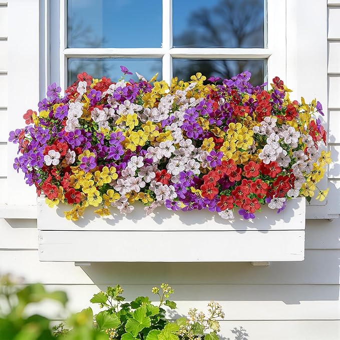 Alupssuc 20 Bundles Artificial Flowers for Outdoor Indoor Decoration, UV Resistant No Fade Fake Plants Eucalyptus, Colorful Faux Spring Flowers for Outside Yard Porch Patio Garden Home Window Box