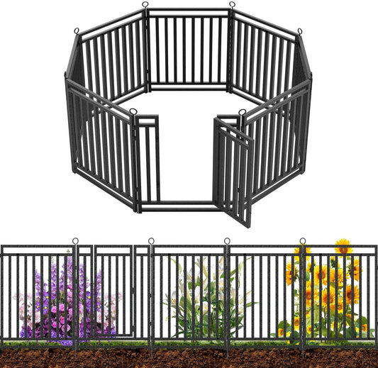 Decorative Garden Fence Metal Dog Fence Outdoor for Yard, 18ft (L) × 32in (H), 7 Panels + 1 Gate, Heavy Duty Animal Barrier Fencing for Patio & Flower Bed, No Dig, Black-Silver