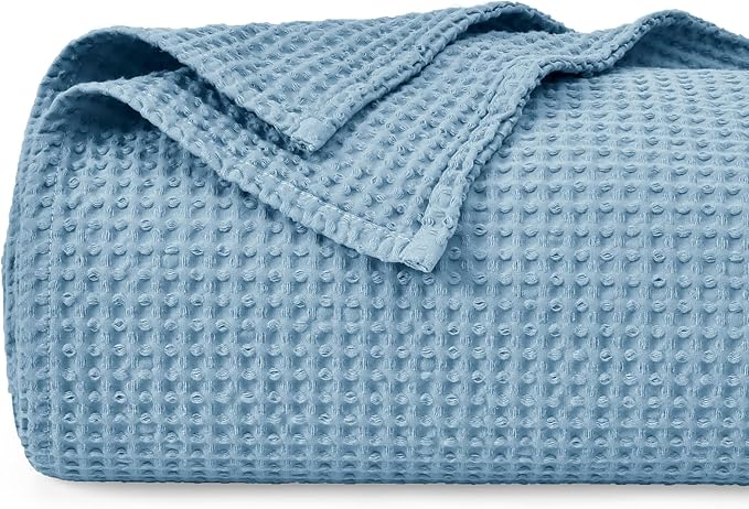 PHF Pre-Washed 100% Cotton Waffle Weave Throw Blanket for Couch, Lightweight Breathable Bed Blanket for Spring Summer, Snag Proof Machine Washable, Home Decor Gift - Dusty Blue