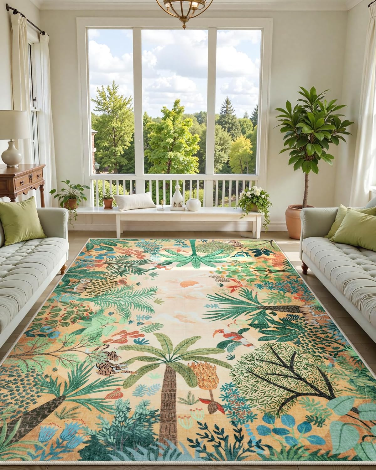 LIVEBOX Large 9x12 Forest Area Rug for Living Room, Soft Washable Sun Yellow Rugs for Bedroom, Non Slip Ultra Thin Floor Carpet Jungle Animal Print Rugs for Dining Room