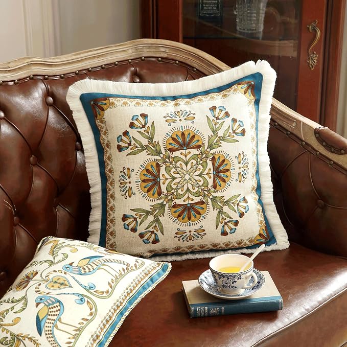 patdrea Designer Vintage Linen Pillow Cover,18"x18",Set of 2-Wensel B | RusticDecorative Pillow Case with Zipper,Floral Pattern,Cushion Coverfor Couch Living Room Bedroom Sofa