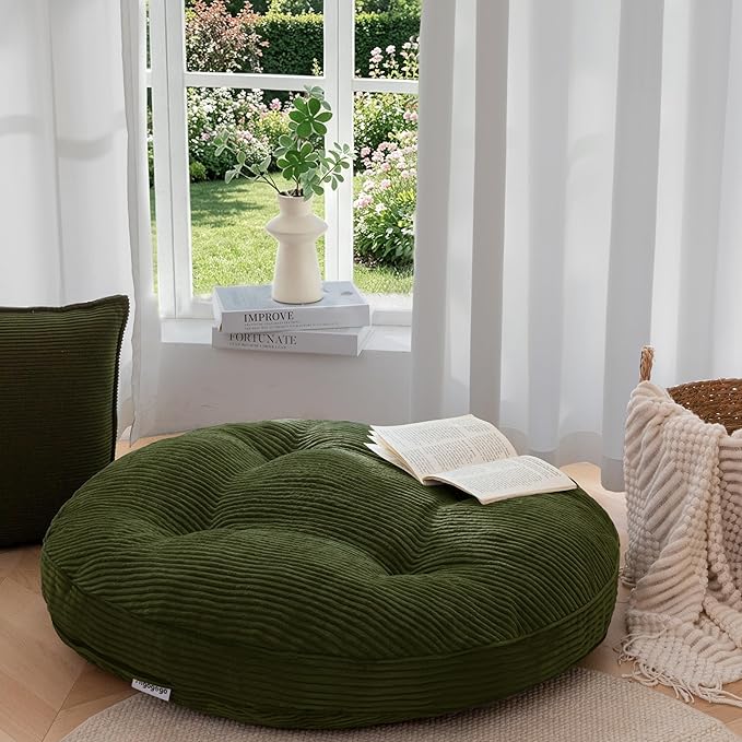 HIGOGOGO 35" Floor Pillow Cushion for Adults, Meditation Cushion Pillow, Extra Large Square Floor Sitting, Tufted Corduroy Cover for Tatami Living Room or Yoga, Dark Green