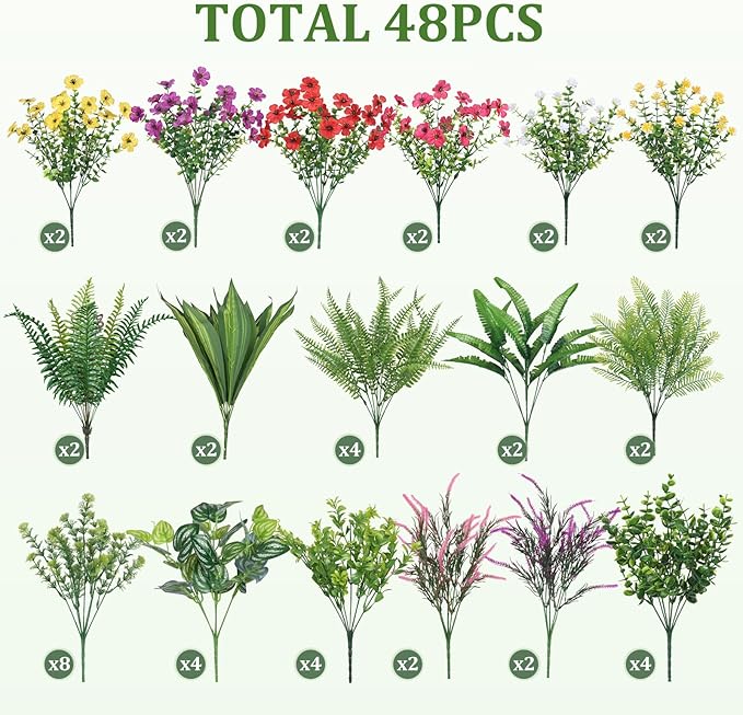 Alupssuc 48 Pcs Artificial Plants Flowers for Outdoors, Realistic Faux UV Resistant Greenery & Silk Flowers,Fake Plastic Shrubs Stems No Fade for Indoor Outside Garden Patio Spring Planter Home Decor