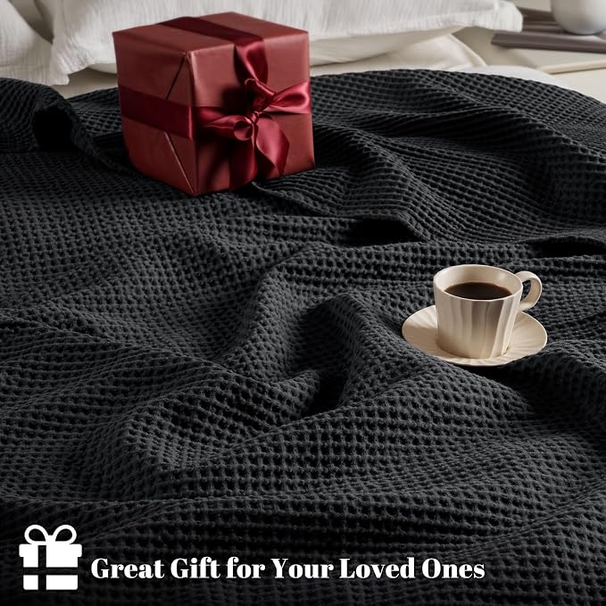 PHF 100% Cotton Waffle Weave Blanket Twin Size 66"x90" - Lightweight Washed Soft Breathable - Perfect Layer for Couch Bed Sofa - Aesthetic Elegant Home Decoration Gift - Black