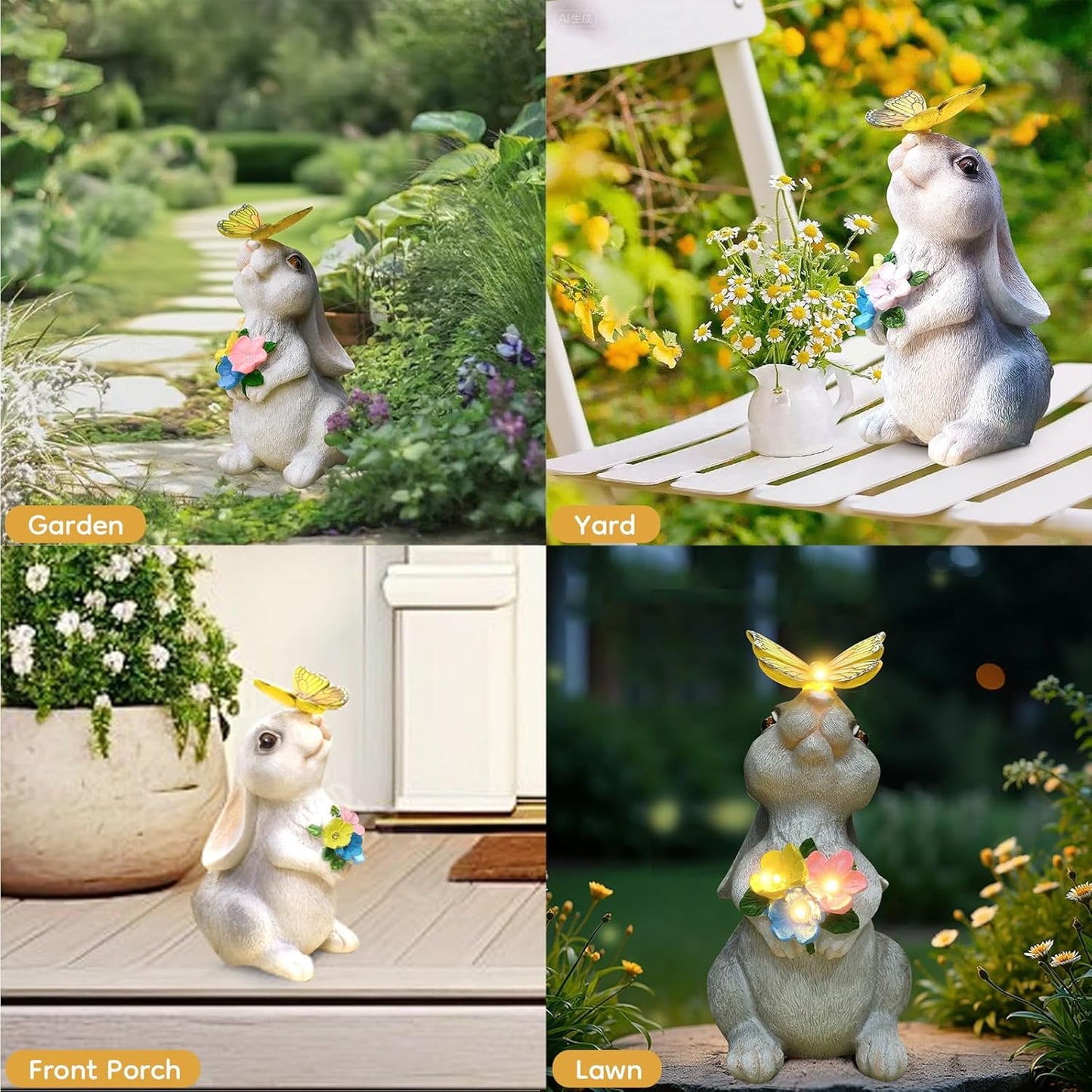 Solar Bunny Statues Light with Butterfly LED - Auto On/Off Weathproof Resin Garden Figurine Decor Gift for Pathway, Patio & Mom's Flower Bed (Warm Light)