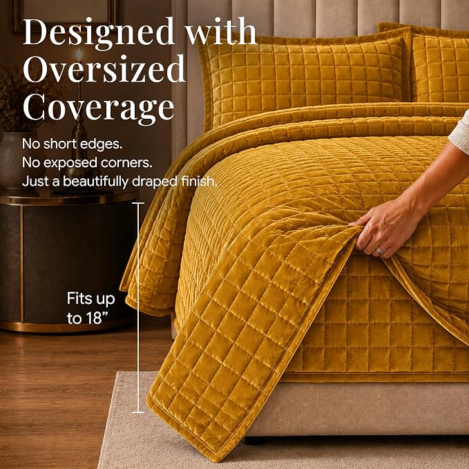 Tribeca Living Luxury Velvet Quilt Twin Size Set - 260GSM Ultra-Soft Oversized Velvet Bedspread Comforter Set with 1 Sham, in Florence Gold
