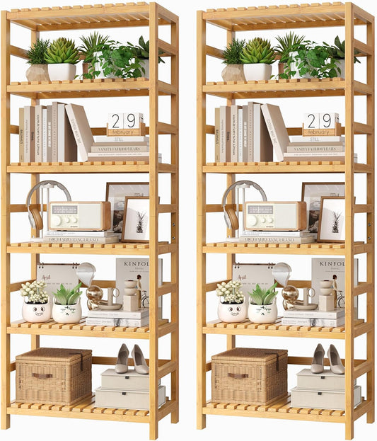 FOTOSOK 6-Tier Bamboo Shelf Set of 2, Bamboo Bookcase with Adjustable Shelves, Free Standing Storage Shelf Unit and Plant Flower Stand, Tall Large Bookshelf for Kitchen, Bathroom, Home Office, Natural