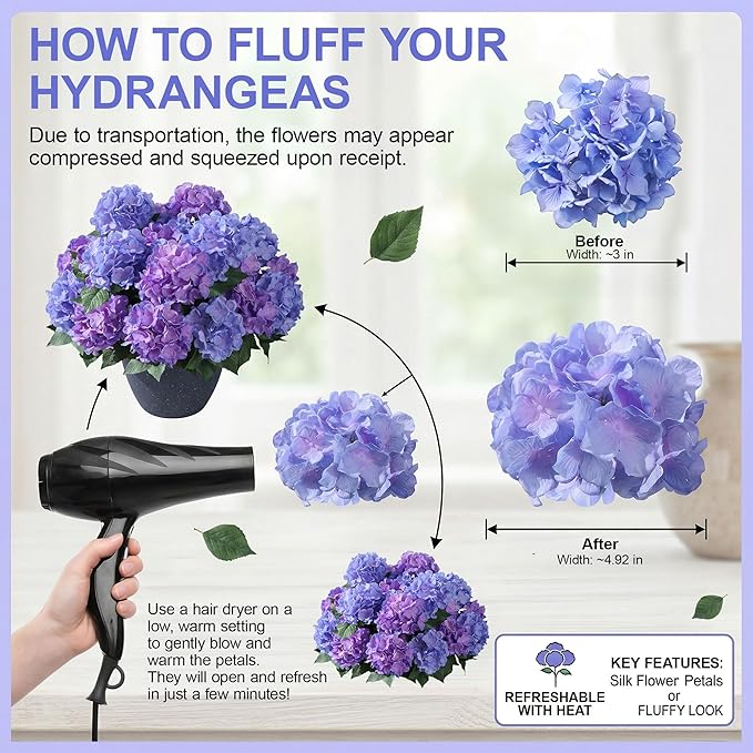 Ivydale Artificial Flowers for Outdoors, 4 PCS Purple Blue Fake Silk Hydrangea Flower Stems for Bouquets UV Resistant Realistic Faux Plants Home Outdoor Wedding Party Centerpieces Decor