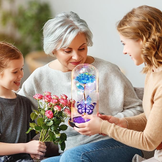 Mothers Day Mom Gifts for Mom Birthday Gift for Women Galaxy Glass Rose in Glass Dome Forever Eternal Crystal Flower with Butterfly Mother's Day Flowers Gifts for Wife Daughter Grandma Sister Blue