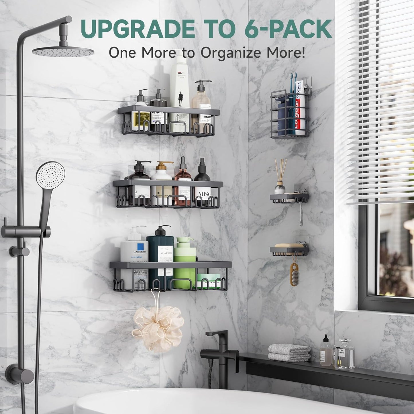 Veken Rustproof & Waterproof Shower Caddy 6-Pack, No Drilling Adhesive Shelves Rack with Soap Holder, Large Capacity Bathroom Organizers and Storage, Wall-Mounted Kitchen & Home Decor, Dark Grey