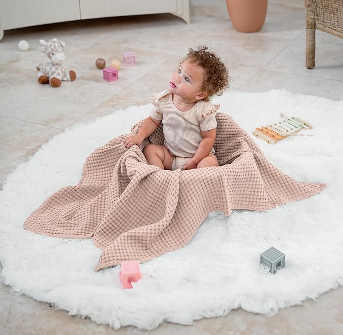 Comfy Cubs Waffle Weave Baby Blanket - 40” x 40” Cotton Blanket with Textured Design - Lightweight Swaddle for Bed, Crib, Stroller, or Couch - Soft and Cozy Cover for Toddlers, Boys & Girls - Blush