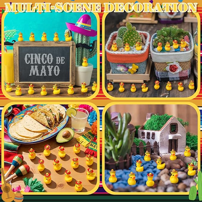 Halloscume 50 Pcs Mini Resin Mexican Ducks Decoration Tiny Duck Miniature with Mexican Hat Small Resin Animals Figures Landscape Decor for Home Office Car Decor Festive Gift
