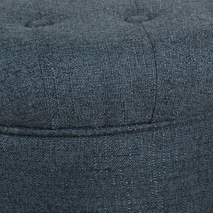 HomePop by Kinfine Fabric Upholstered Round Storage Ottoman - Velvet Button Tufted Ottoman with Removable Lid, Indigo Blue Woven