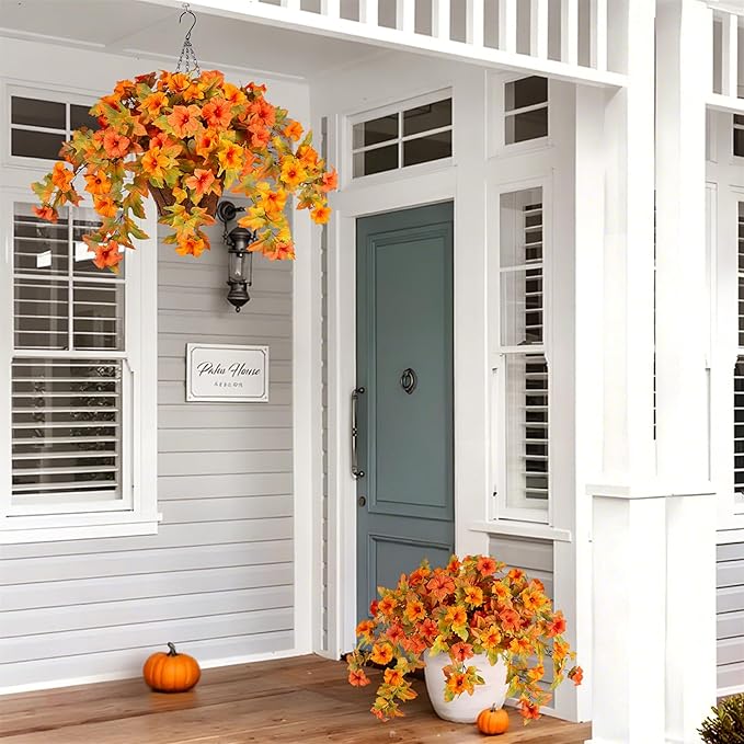 Ammyoo Artificial Fake Fall Flowers with Hanging Basket for Outdoor Decoration, Silk Faux Flowers UV Resistant Fake Plants for Home Porch Patio Garden Window Box Autumn Decor Look Real (Orange)