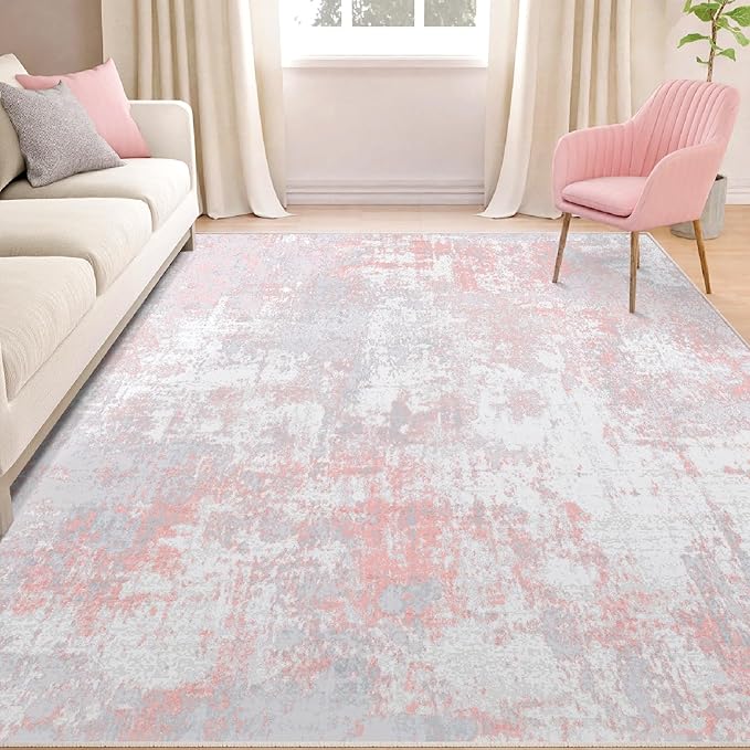 RELEANY Washable Area Rugs 5'x7' Non-Slip Modern Abstract Soft for Living Room Entryway Bedroom Nursery, Print Pattern, Grey Pink