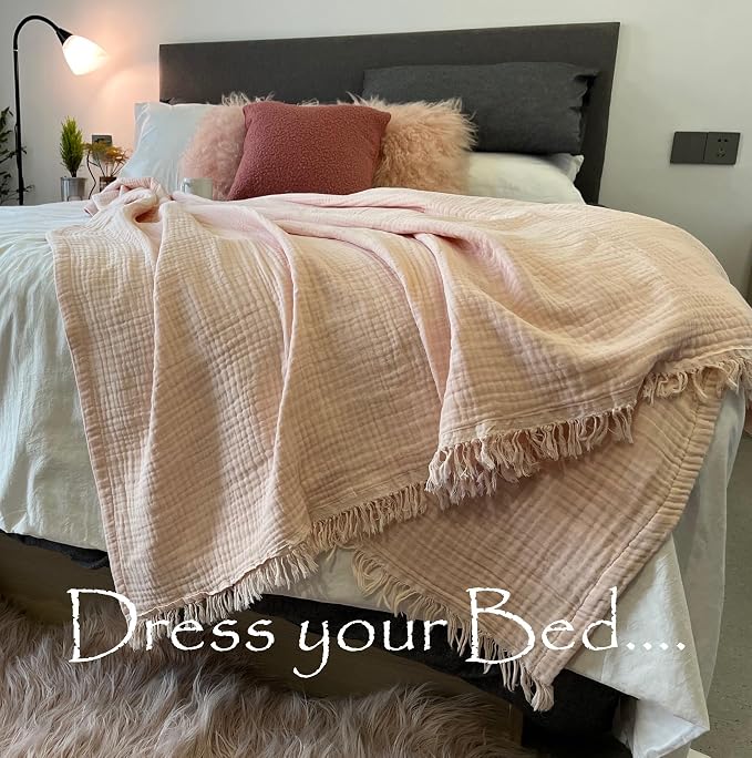 KyraHome 100% Organic Cotton Muslin Blankets for Adults, Girls, 60"x80", Plant Dyed, Breathable Lightweight Gauze Summer Throw Blankets for Couch, Napping, All Season (Soft Pink)