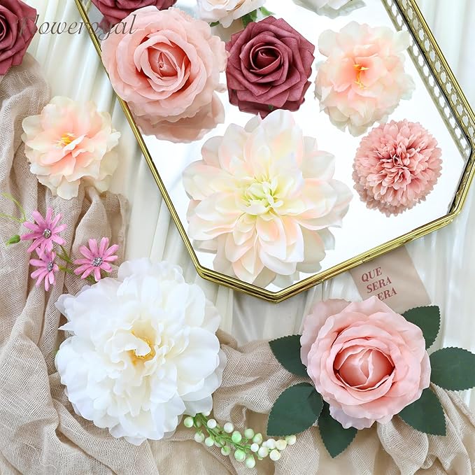 Floweroyal Artificial Flowers Combo Pink Flowers Mix Silk Flowers Dahlia Roses with Stems for DIY Wedding Bridal Bouquets, Baby Shower, Floral Arrangement, Table Centerpieces, Home Decorations