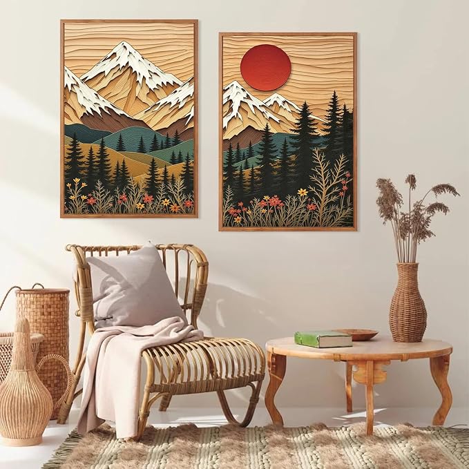 LHIUEM Vintage Woodcut Mountain Framed Canvas Wall Art,Forest Pine Tree Boho Wall Decor,Wilderness Sunset Landscape Artwork for Living Room,Bedroom,Dining Room,Office -16"x24"x3