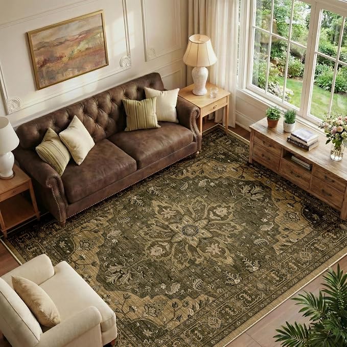 RELEANY Area Rugs 6'x8' Washable Non-Slip, Floral Vintage Distress Medallion Carpet for Living Room Bedroom Dining Room, Brown Dark Brown