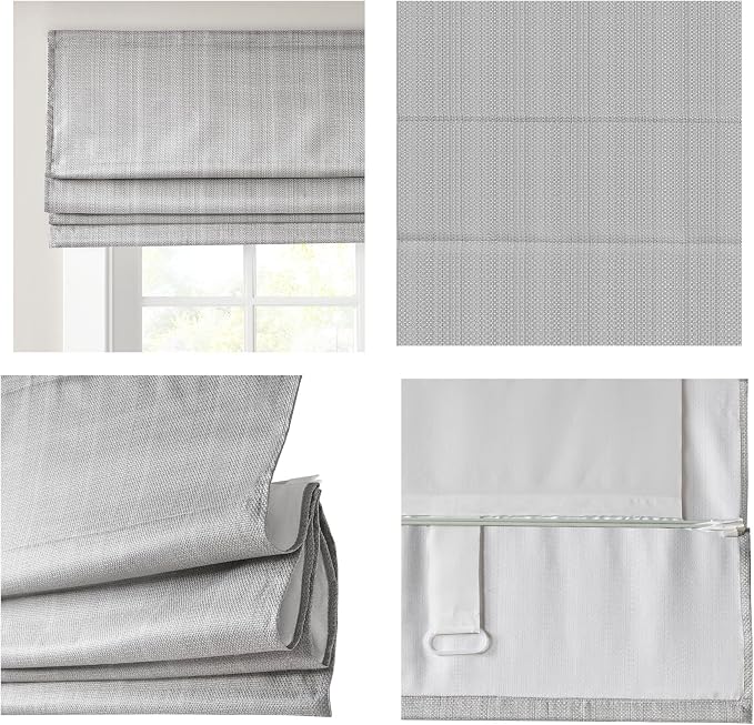 Madison Park Galen Cordless Roman Shade, 34"W x 64"H, Sheen Grey – Room Darkening, Thermal Insulated, Energy Efficient Window Blind with Subtle Sheen Basketweave Fabric for Privacy