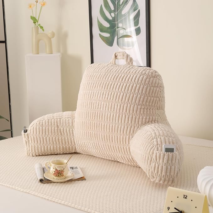 Large Reading Pillow for Sitting Up with Arms,White Corduroy | Back Pillow for Adults Backrest,19" Sitting Pillow Supports Reading,Gaming & Relaxing in Bed,Couch,Floor