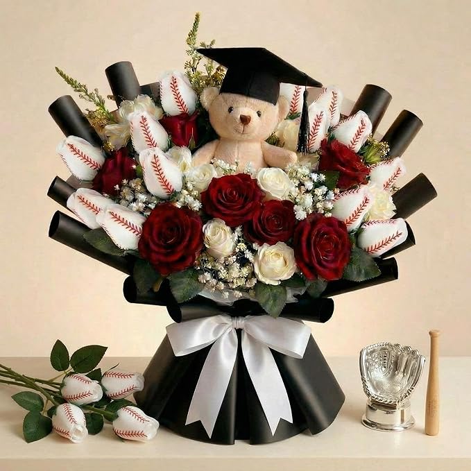 Suhine 6 Pcs Artificial Baseball Rose Flowers Sports Party Favors Bulk for Birthday Graduation Wedding Party Decorations Table Centerpieces Game Prizes Senior Night Gifts(Baseball Color, Normal)