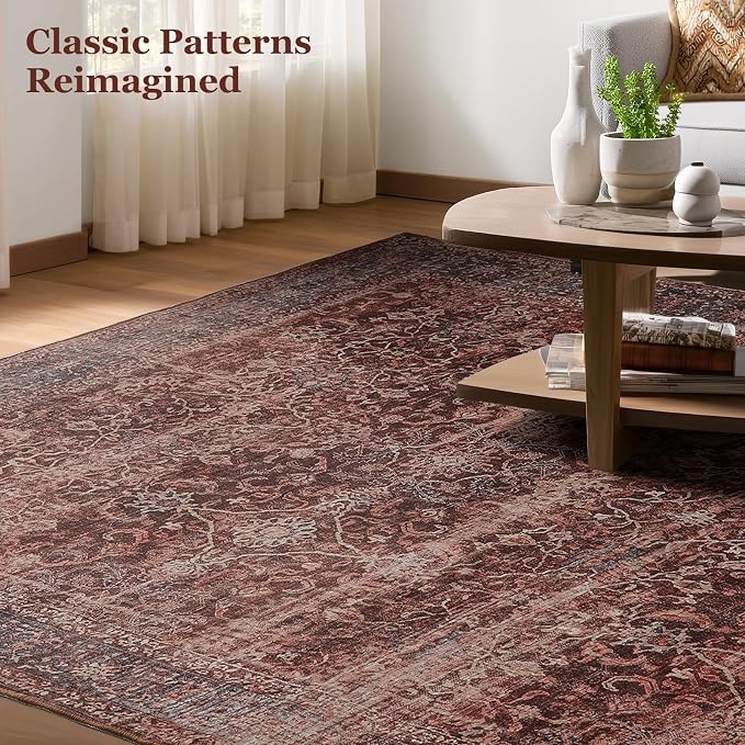 Brick Red 2x4 Rugs for Entryway, Vintage Print Low Pile Thin Kitchen Rugs Non Slip Washable, Rustic Farmhouse Distressed Small Rug for Bathroom Bedroom, Door Mat Indoor Entrance Entry Way