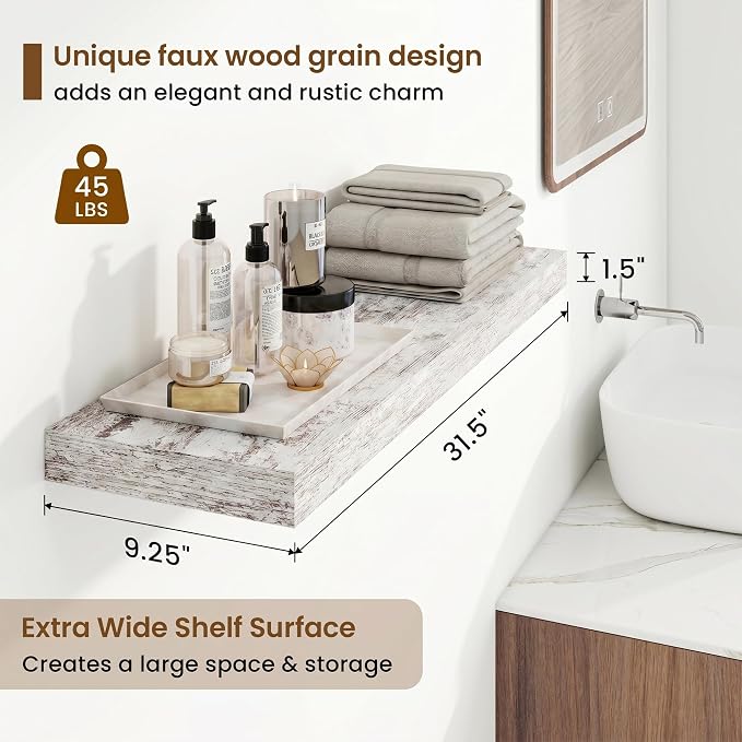 32in Floating Shelves for Wall, 32"W x 9.25"D x 1.25"H, 2 Pack Long Wall Mounted Engineered Wood Shelves with Invisible Brackets for Living Room, Bedroom, Bathroom, Kitchen, Vintage White
