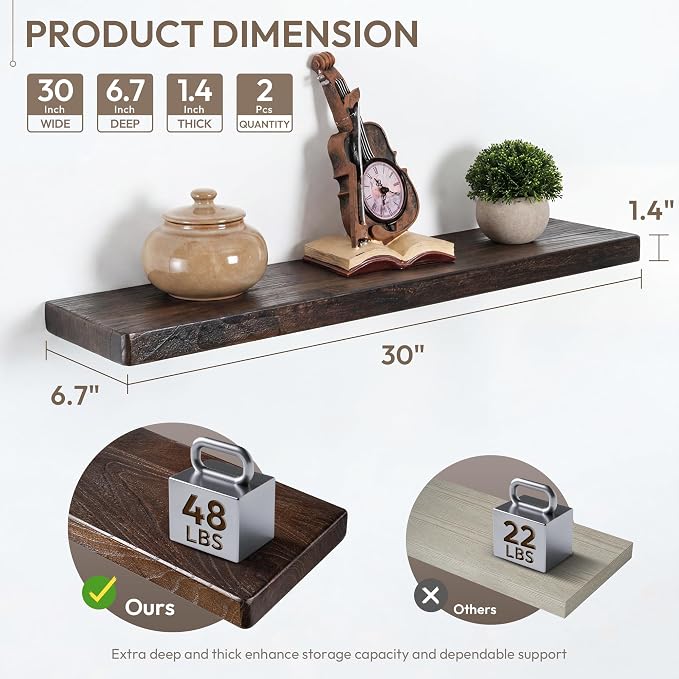 Marsmiles 30 inch Floating Shelves for Wall Solid Elm Wood Shelves|Rustic Wall Mounted Shelves with Heavy-Duty Invisible Bracket for Bathroom Living Room Kitchen|Rounded Edge Design|Walnut, 2 Pack