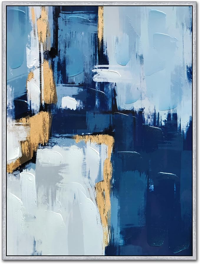 Sofoney - Hand Painted Blue and Gold Abstract Canvas Wall Art Heavy Textured Blue and White Wall Decor with Gold Foil for Living Room Bedroom - 24"x32", Silver Framed