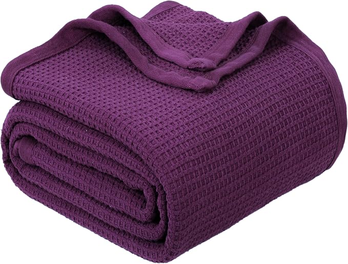 TreeWool Premium 100% Cotton Waffle Summer King Blanket (90"x108", Plum) | 420 GSM Breathable Lightweight Moisture Wicking Soft Knit Thermal Blanket for Bed or Sofa All-season Comfort Machine Washable