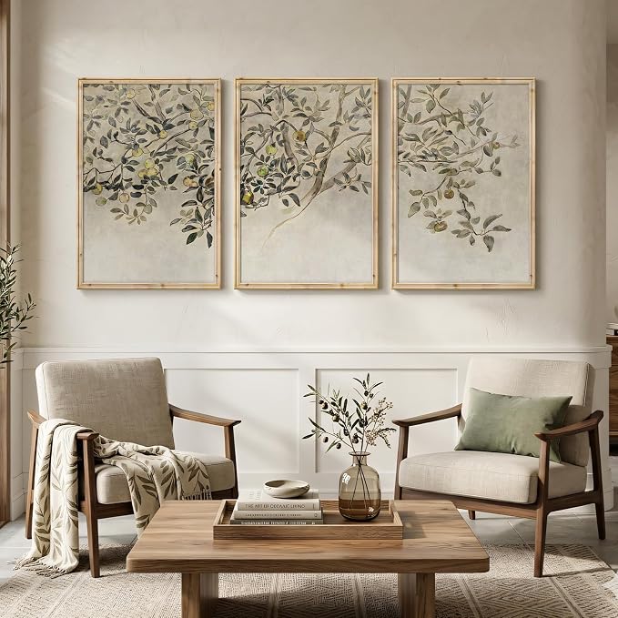 Large Vintage Framed Tree Wall Art for Living Room, 3 Piece Neutral Rustic Botanical Canvas Prints Artwork for Walls, Modern Farmhouse Leaf Pictures for Bedroom Dining Room Office Wall Decor, 24x36 In