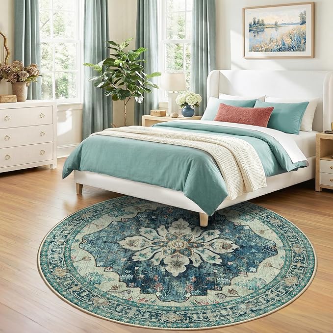 RELEANY Area Rugs 7ft Washable Non-Slip, Floral Vintage Distress Print Pattern Medallion Carpet for Living Room Bedroom Dining Room, Dark Blue Vintage