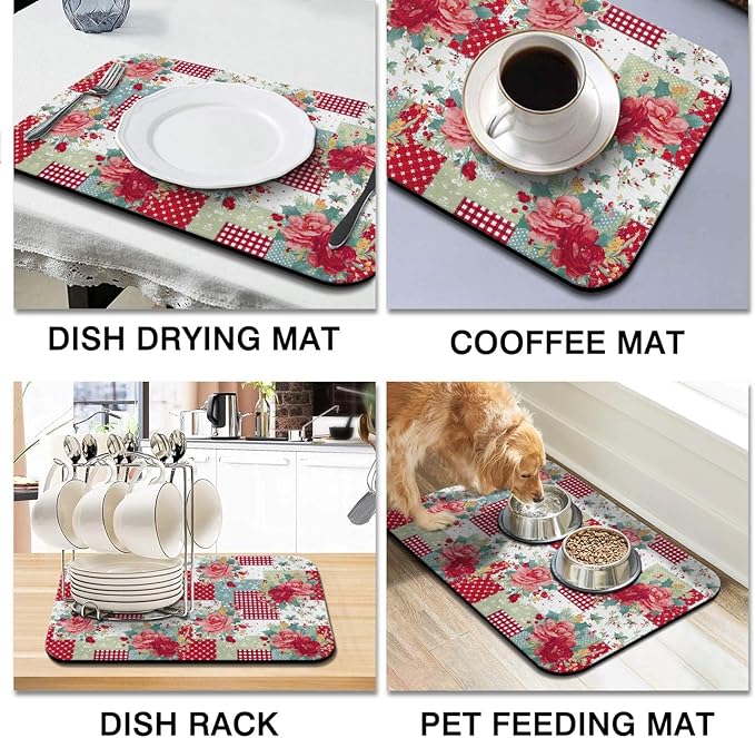 Coffee Bar Mat Accessories for Countertop - Absorbent Anti-Slip Silicone Flower Dish Drying Mats for Kitchen Counter Draining Pad Decor Gift - Fit Coffee Maker, Espresso Machine - 19x12in