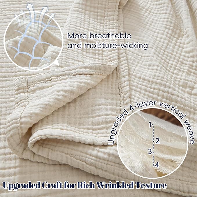 PHF 100% Cotton Muslin Blanket Twin XL Size 66"x90", 4-Layer Lightweight Gauze Throw, Breathable Cloud-Soft Minimalist Blanket for Bed, Couch, Camping & Baby, Oat Milk, Ideal Gift