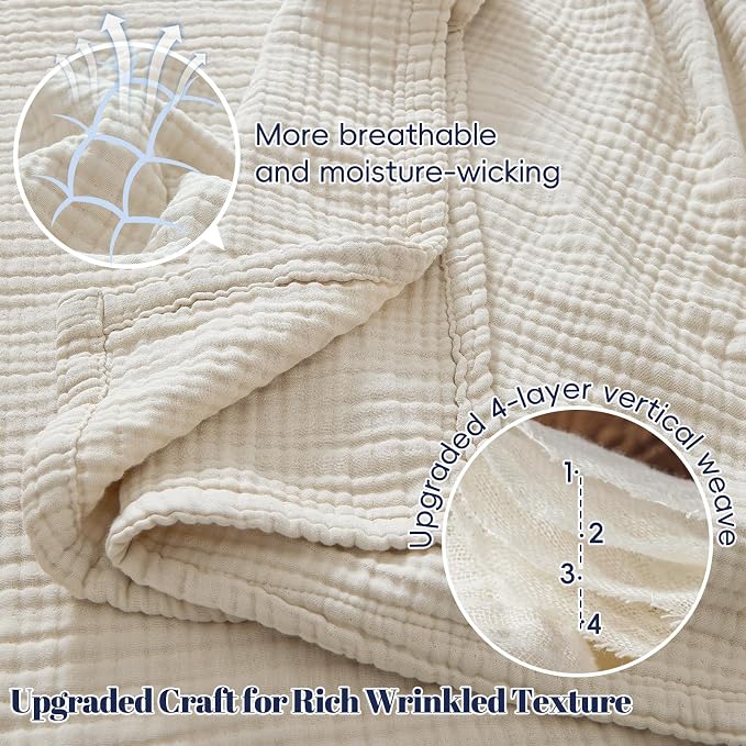 PHF 100% Cotton Muslin Blanket Queen Size 90"x90", 4-Layer Lightweight Gauze Throw, Breathable Cloud-Soft Minimalist Blanket for Bed, Couch, Camping & Baby, Oat Milk, Ideal Gift