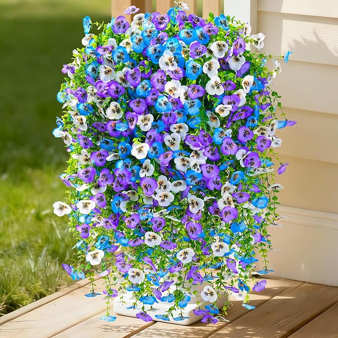 Serwalin Artificial Fake Hanging Flowers for Outdoors Planters,12PCS UV Resistant Faux Pansy Spring Flowers for Outside Porch Patio Garden Window Box (Blue Purple White)