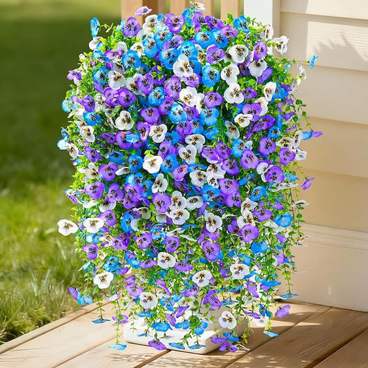 Serwalin Artificial Fake Hanging Flowers for Outdoors Planters,12PCS UV Resistant Faux Pansy Spring Flowers for Outside Porch Patio Garden Window Box (Blue Purple White)