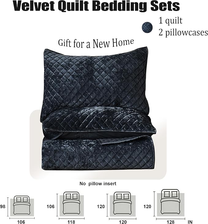 Velvet King Quilt Size Set 98x106 Luxury Ultra Soft Bedspread Coverlet 3-Piece King Comforter Sets with 2 Pillow Shams 20x36 Super Cozy for All Seasons Velvet Bedding Set, Blue Gray