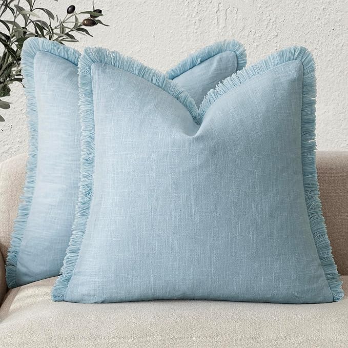 Foindtower Set of 2 Decorative Linen Fringe Throw Pillow Covers Cozy Boho Farmhouse Cushion Cover with Tassels Soft Accent Pillowcase for Couch Sofa Bed Living Room Home Decor,18×18 Inch,Light Blue