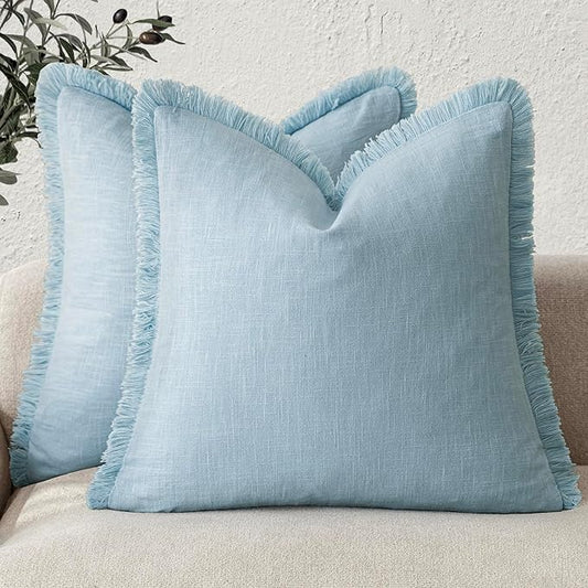 Foindtower Set of 2 Decorative Linen Fringe Throw Pillow Covers Cozy Boho Farmhouse Cushion Cover with Tassels Soft Accent Pillowcase for Couch Sofa Bed Living Room Home Decor,18×18 Inch,Light Blue