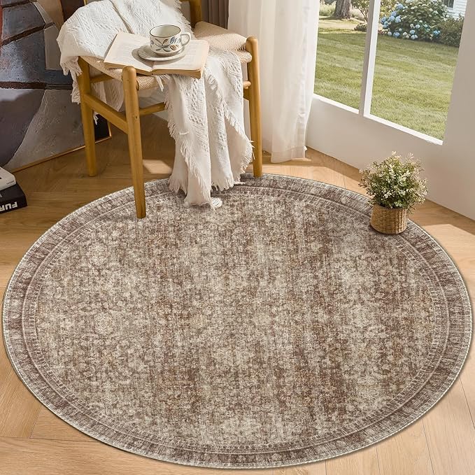 Sasttie Round Rug 4ft, Ultra-Soft Washable Circle Rug, Low Pile Foldable Thin Rugs with Non-Slip Backing, Skin-Friendly Stain Resistant Carpet for Living Room, Bedroom, Kitchen, Dorm, 4ft, Dark Brown