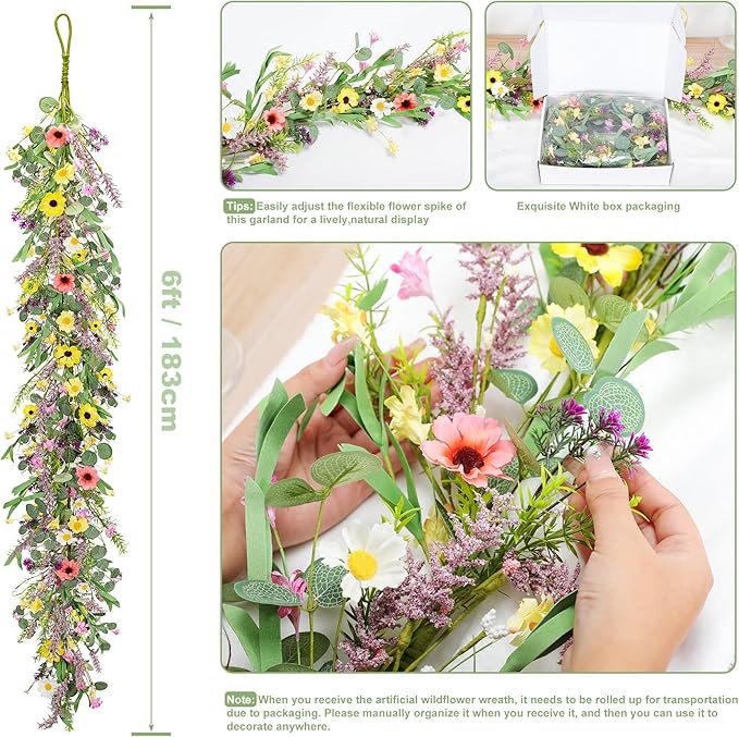 2pcs 6 ft Artificial Wildflower Garlands Wisteria Lavender Garland Daisy and Lavender Faux Floral Vine Summer Spring Floral Fake Garland All Year Round Home Decor for Indoor Outdoor Wedding Arch