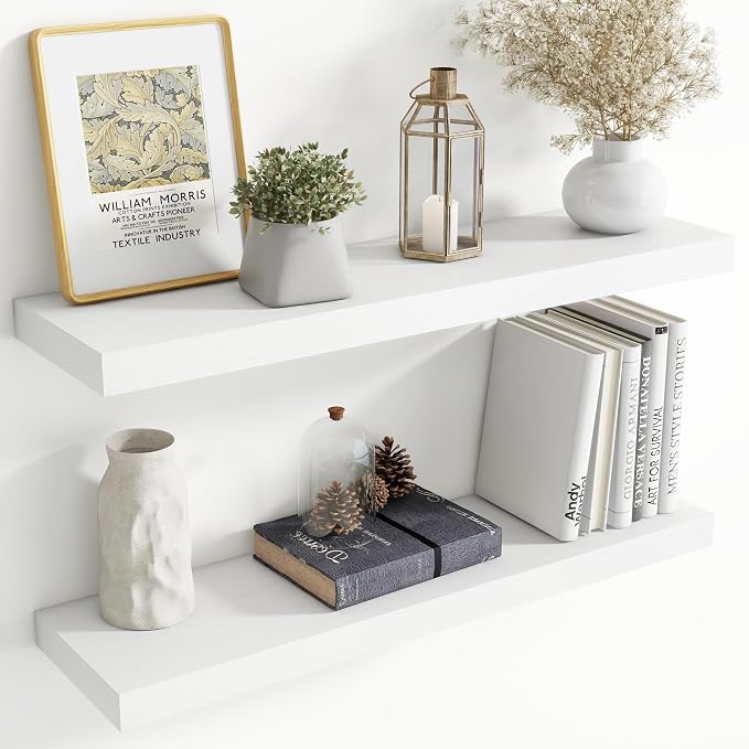 36 Inch Floating Shelves for Wall, 8 Inch Deep Floating Shelf for Storage & Display, Rustic Wall Mounted Shelf with Invisible Brackets for Living Room, Kitchen, Bathroom, Home Decor, Set of 2, White
