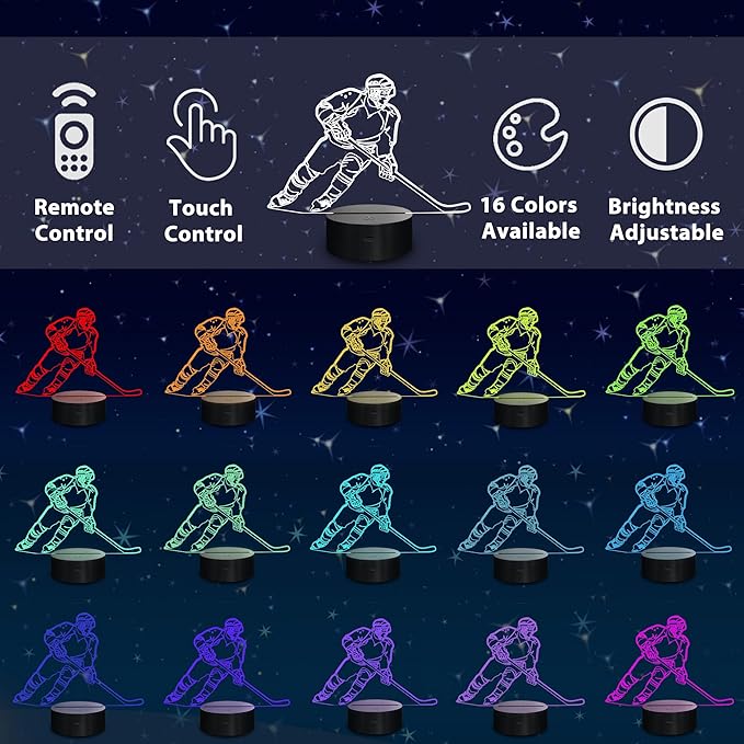 Lampeez Ice Hockey Player 3D Night Lights for Kids LED 16 Colors Remote Control Changing Touch Dimmable Table Desk Lamp Birthday Xmas Gifts Home Decor for Sports Hockey Fan