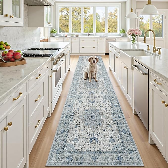 RELEANY Area Rugs 2'6''x14' Runner Rug Non Slip Washable for Kitchen Hallway Bedroom Beside Laundry Room Bathroom Rug, Floor Carpet, Light Blue Navy Beige Gray White