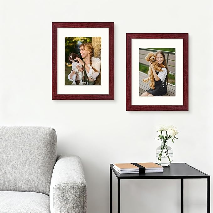Picrit 8.5x11 Picture Frame Set of 12, Display 6x8 with Mat or 8.5 x 11 without Mat, Photo Frames for Wall Mounting or Table Top Display, Dark Red Wood