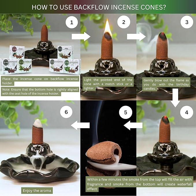 Leafy - Backflow Incense Cones for Waterfall - Scented Inscents-Cones - Peppermint, Citronella, Pine, Cedar, Eucalyptus, Lemongrass - Insiensos Aromaticos - 6x10=60 Large Variety Pack